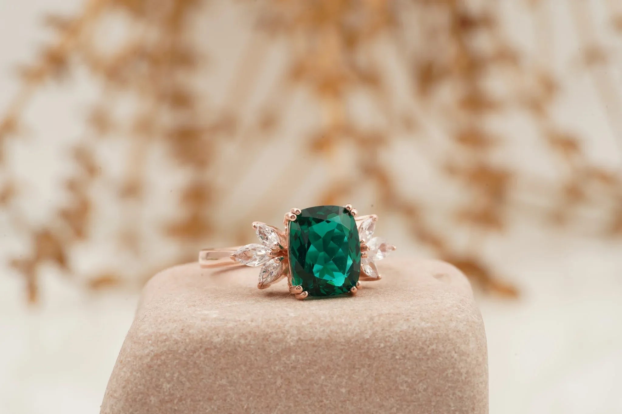 Green Emerald Marquise Diamond Cluster Engagement Ring - MinimalistJewels