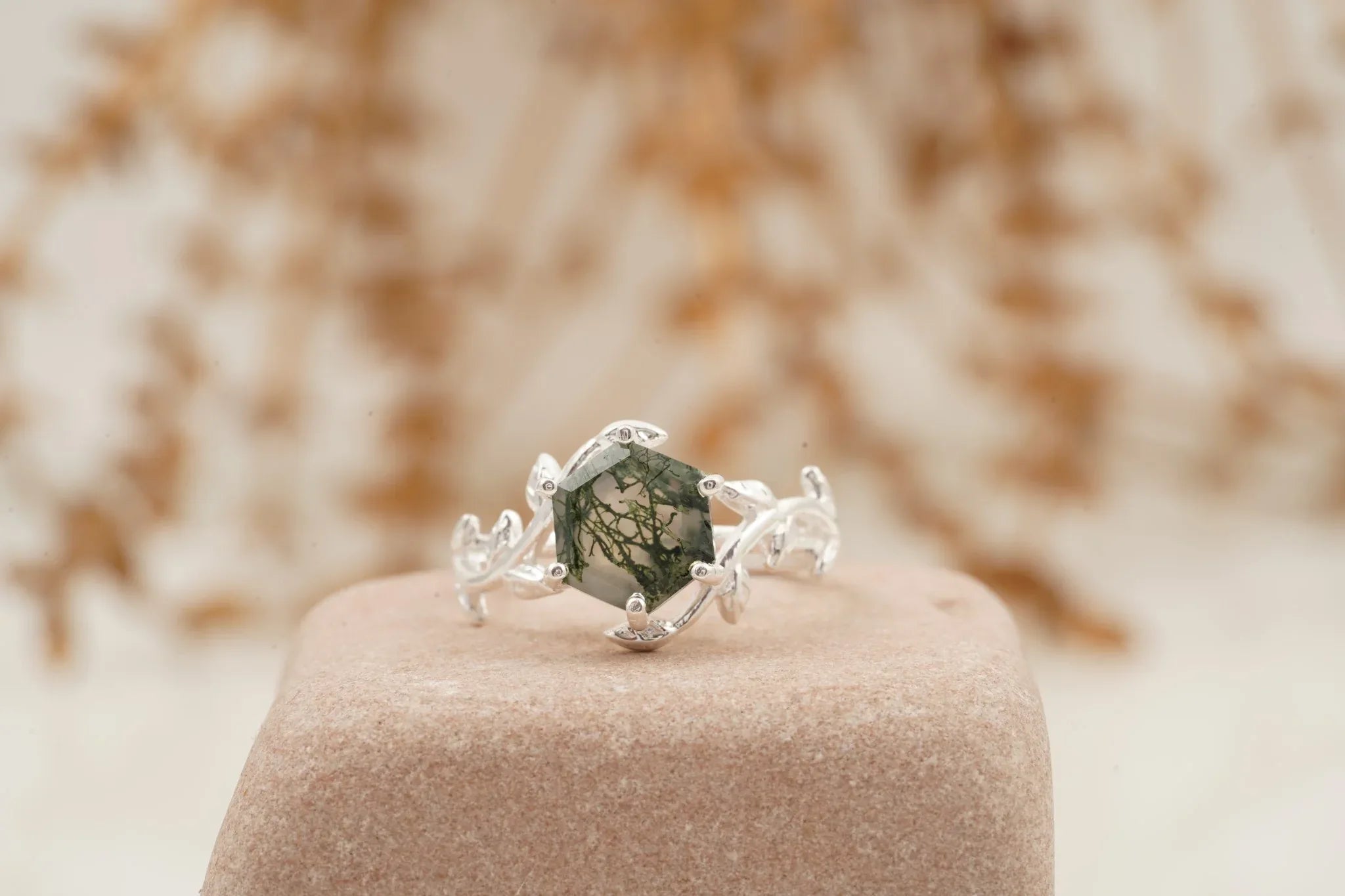 Moss Agate Leaf Hexagon Engagement Ring - MinimalistJewels