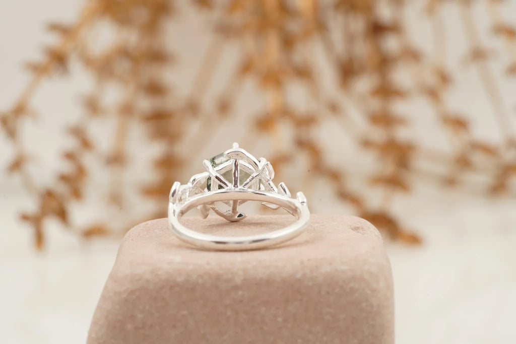 Moss Agate Leaf Hexagon Engagement Ring - MinimalistJewels