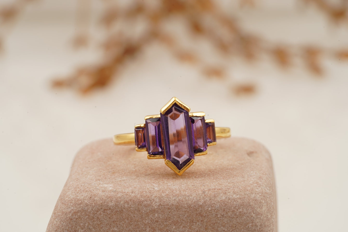 Hexagon Cut Purple Amethyst Bezel Set Engagement Ring