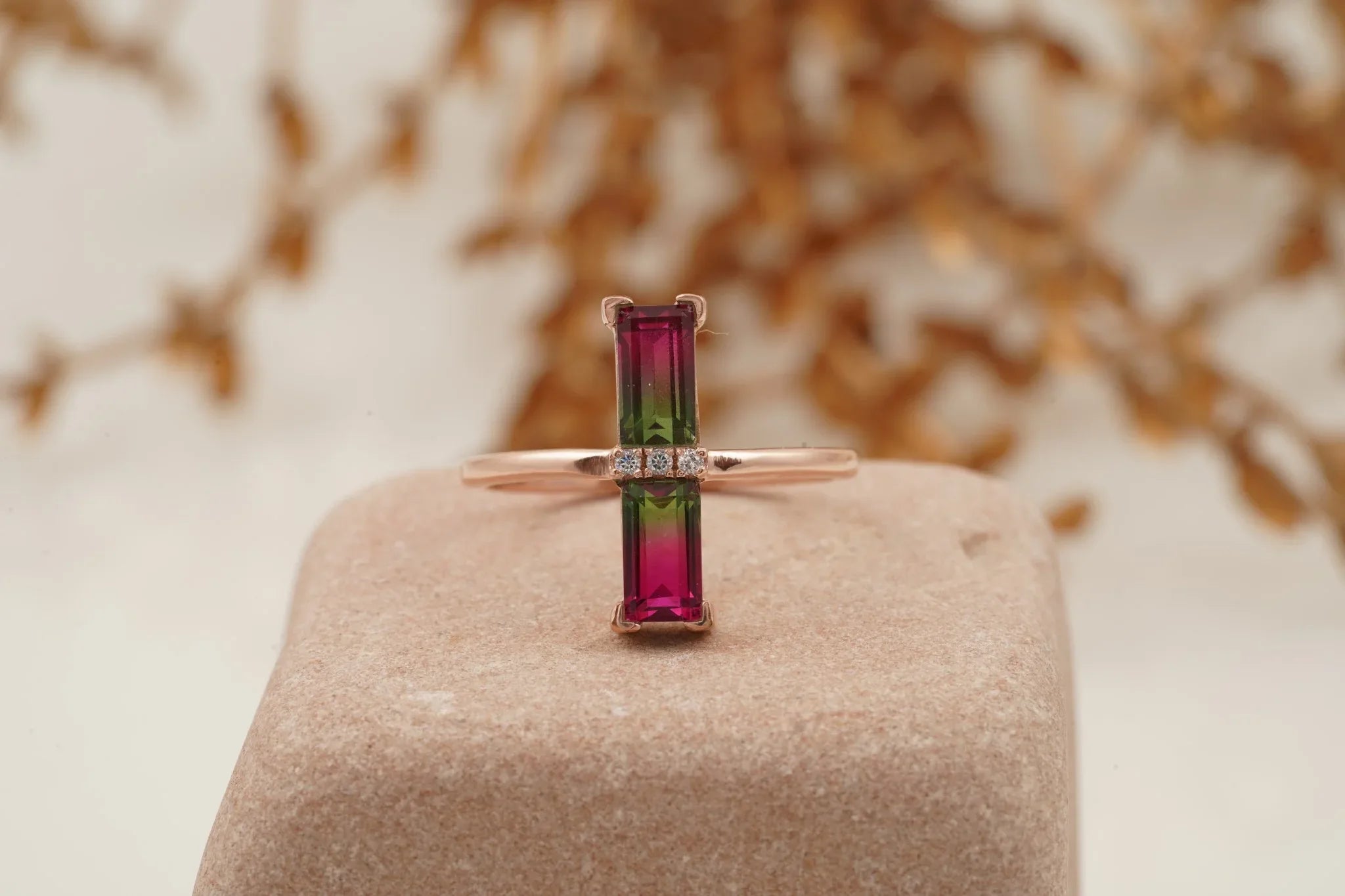 Baguette Cut Watermelon Tourmaline Bicolor Engagement Ring - MinimalistJewels