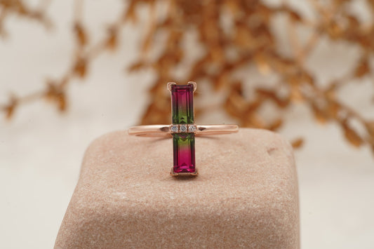 Baguette Cut Watermelon Tourmaline Bicolor Engagement Ring