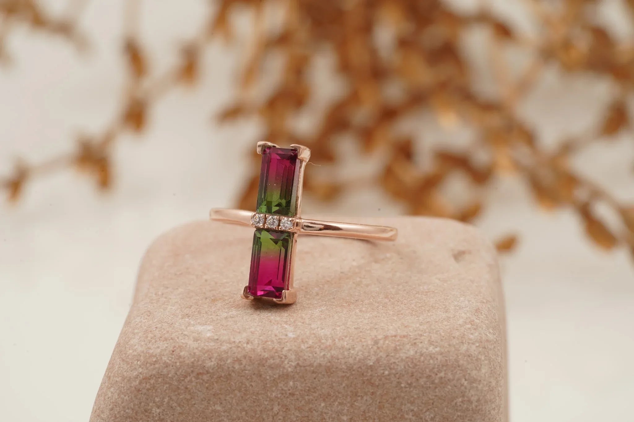 Baguette Cut Watermelon Tourmaline Bicolor Engagement Ring - MinimalistJewels