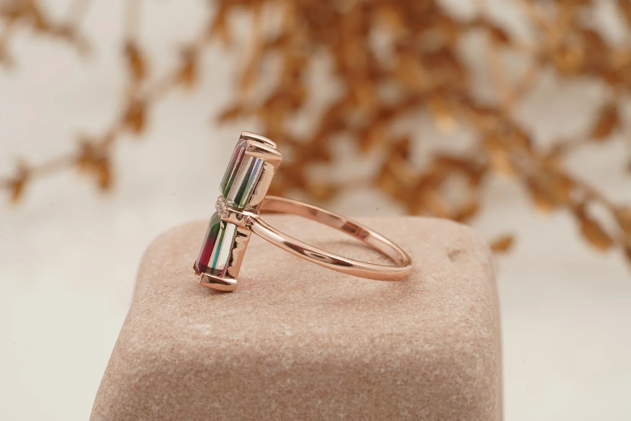 Baguette Cut Watermelon Tourmaline Bicolor Engagement Ring - MinimalistJewels