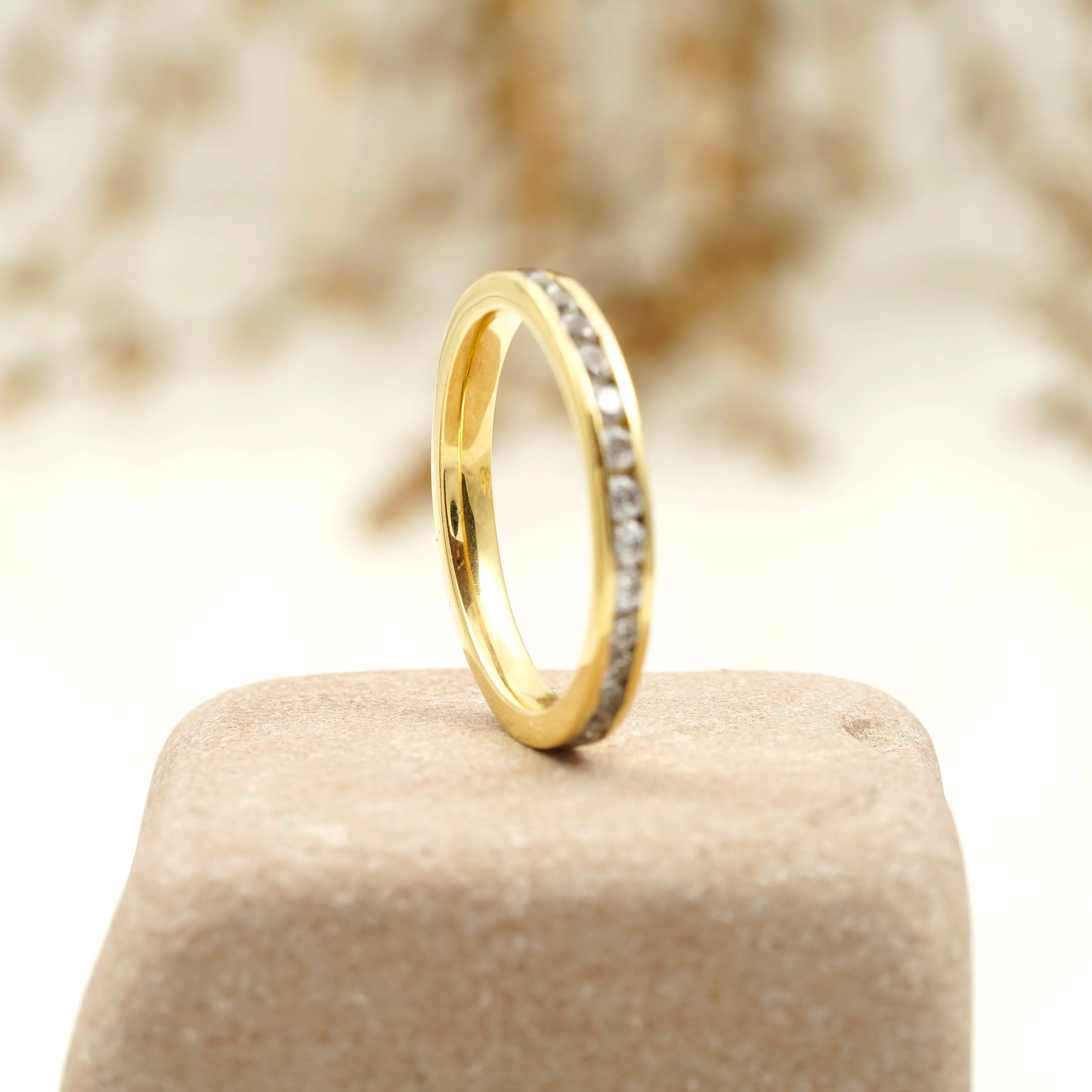Bezel Set Diamond Stacking 14k Solid Gold Women's Wedding Band - MinimalistJewels
