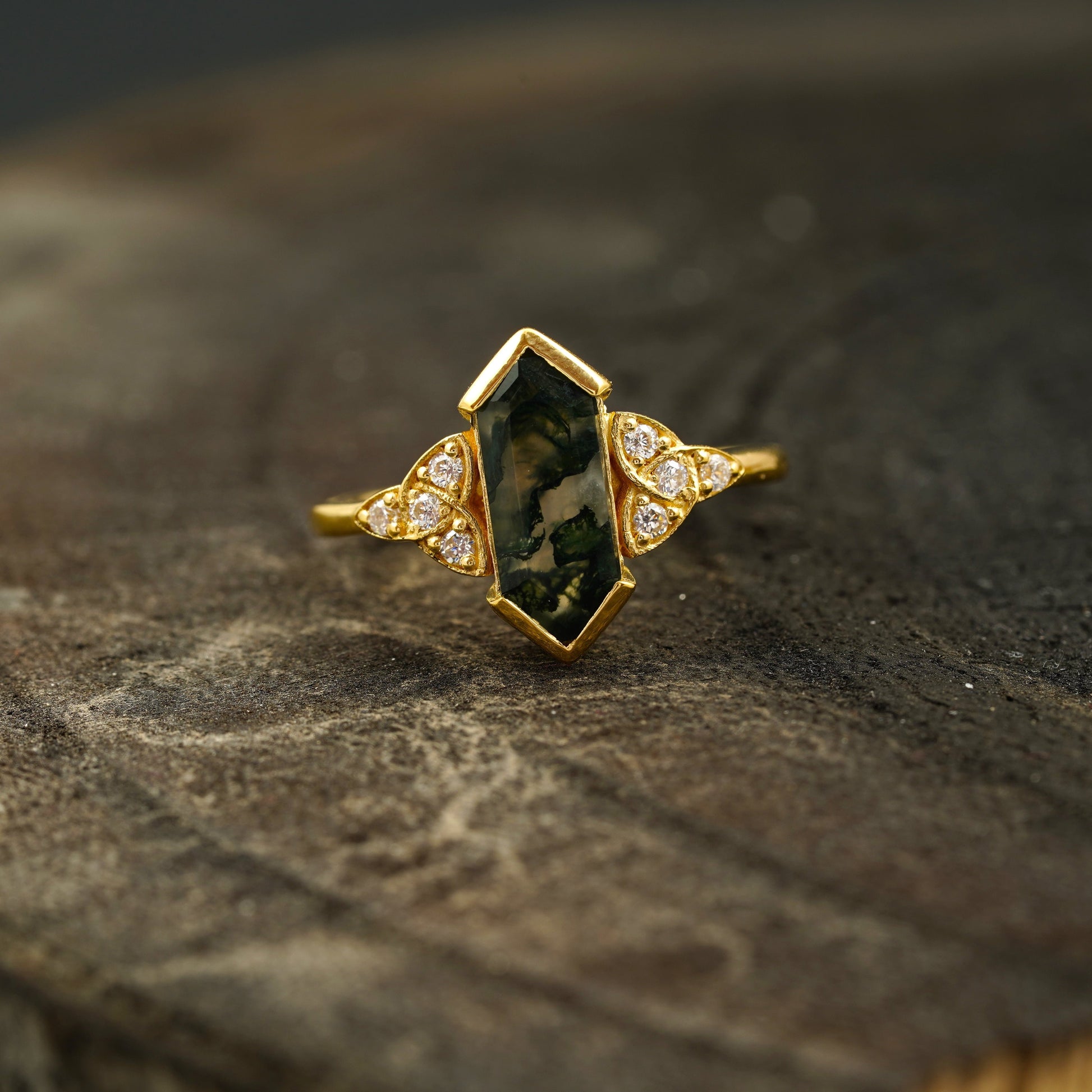 Moss Agate Hexagon Gold Engagement Ring