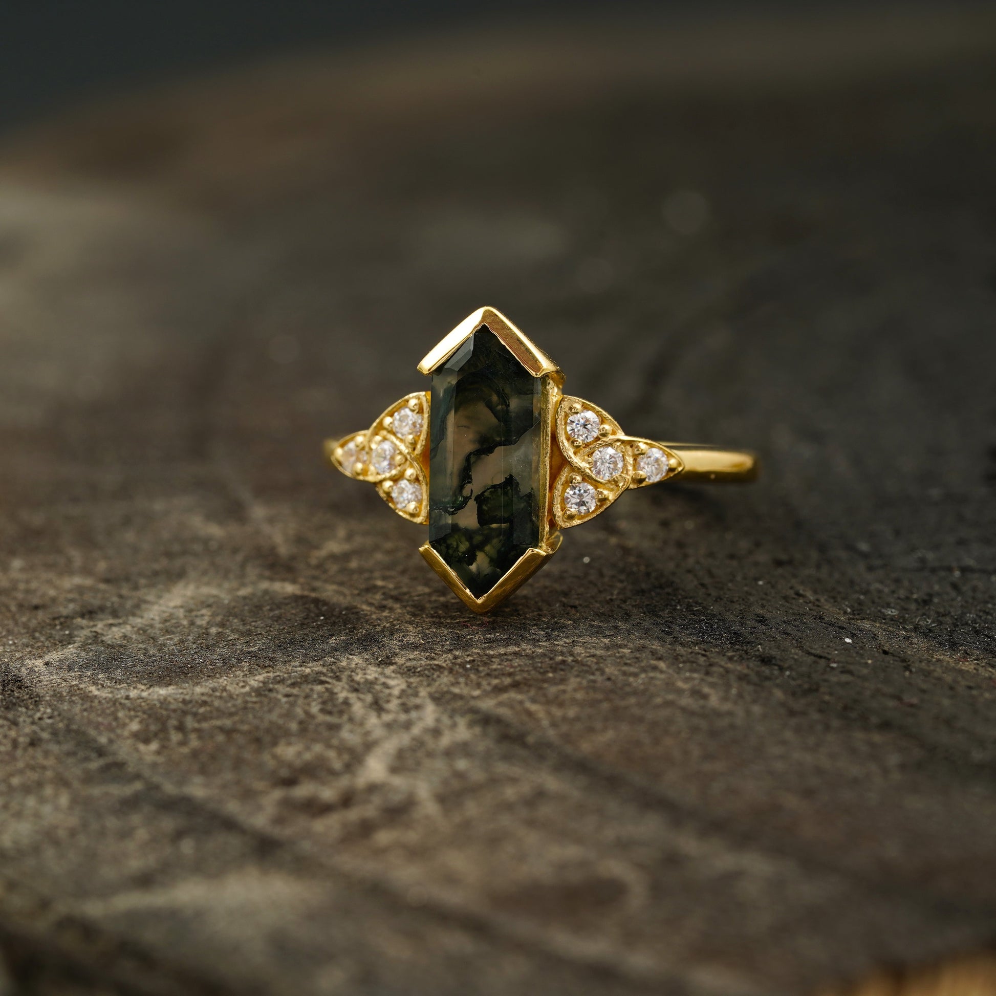 Moss Agate Hexagon Gold Engagement Ring Left Angle