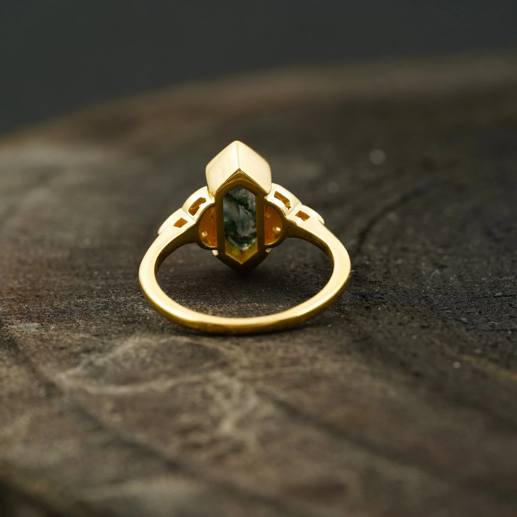 Moss Agate Hexagon Engagement Ring - MinimalistJewels