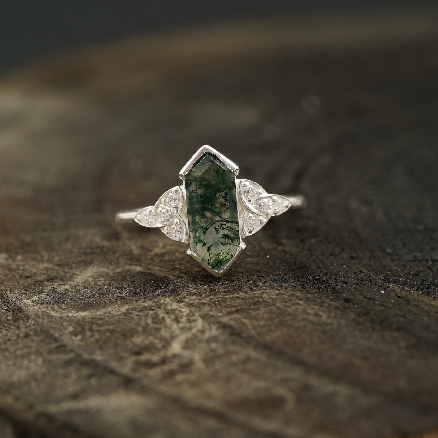 Moss Agate Hexagon Engagement Ring