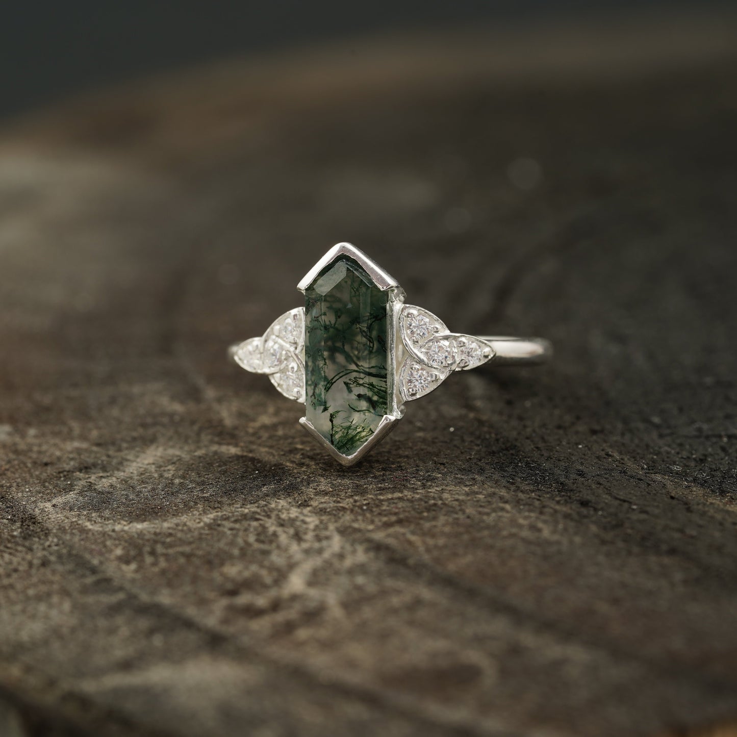 Moss Agate Hexagon Engagement Ring Left Angle