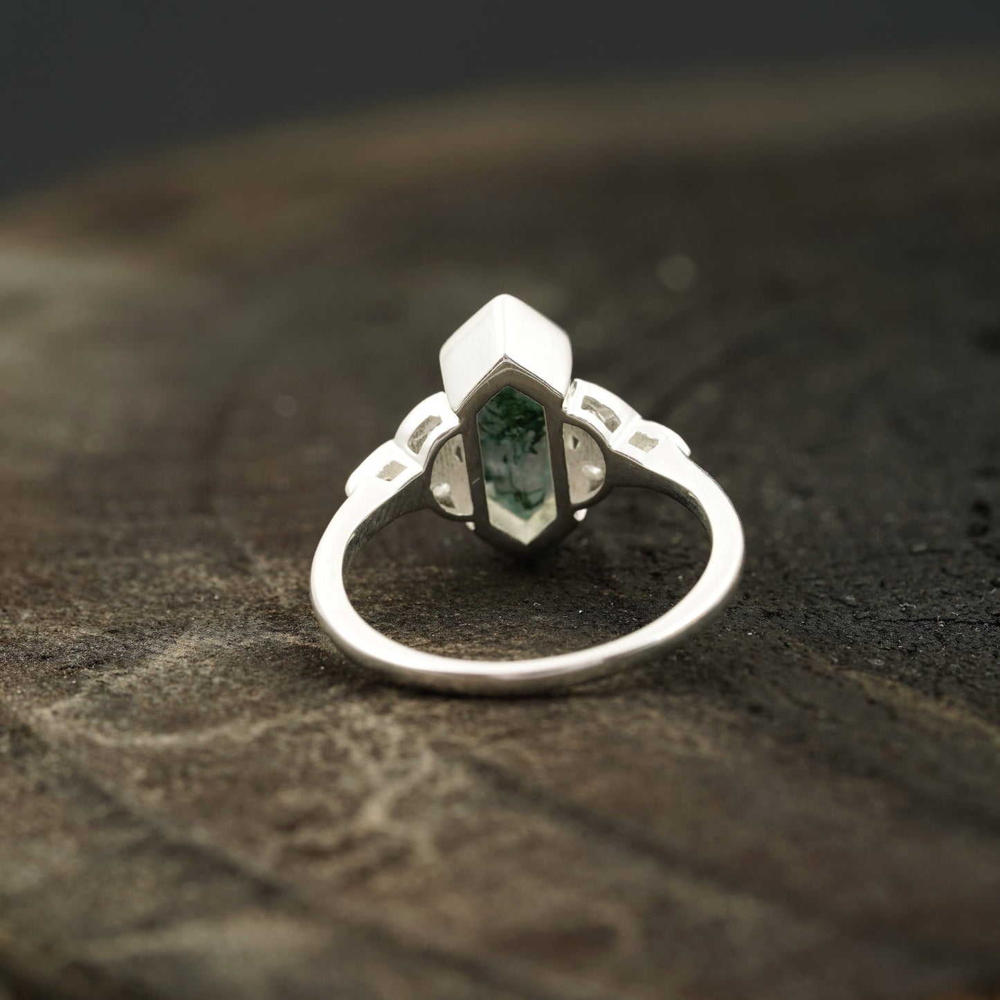 Moss Agate Hexagon Engagement Ring Back Side