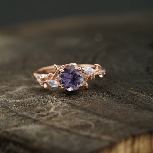 Nature Inspired Leaf Band Round Cut Alexandrite And Moonstone Engagement Ring