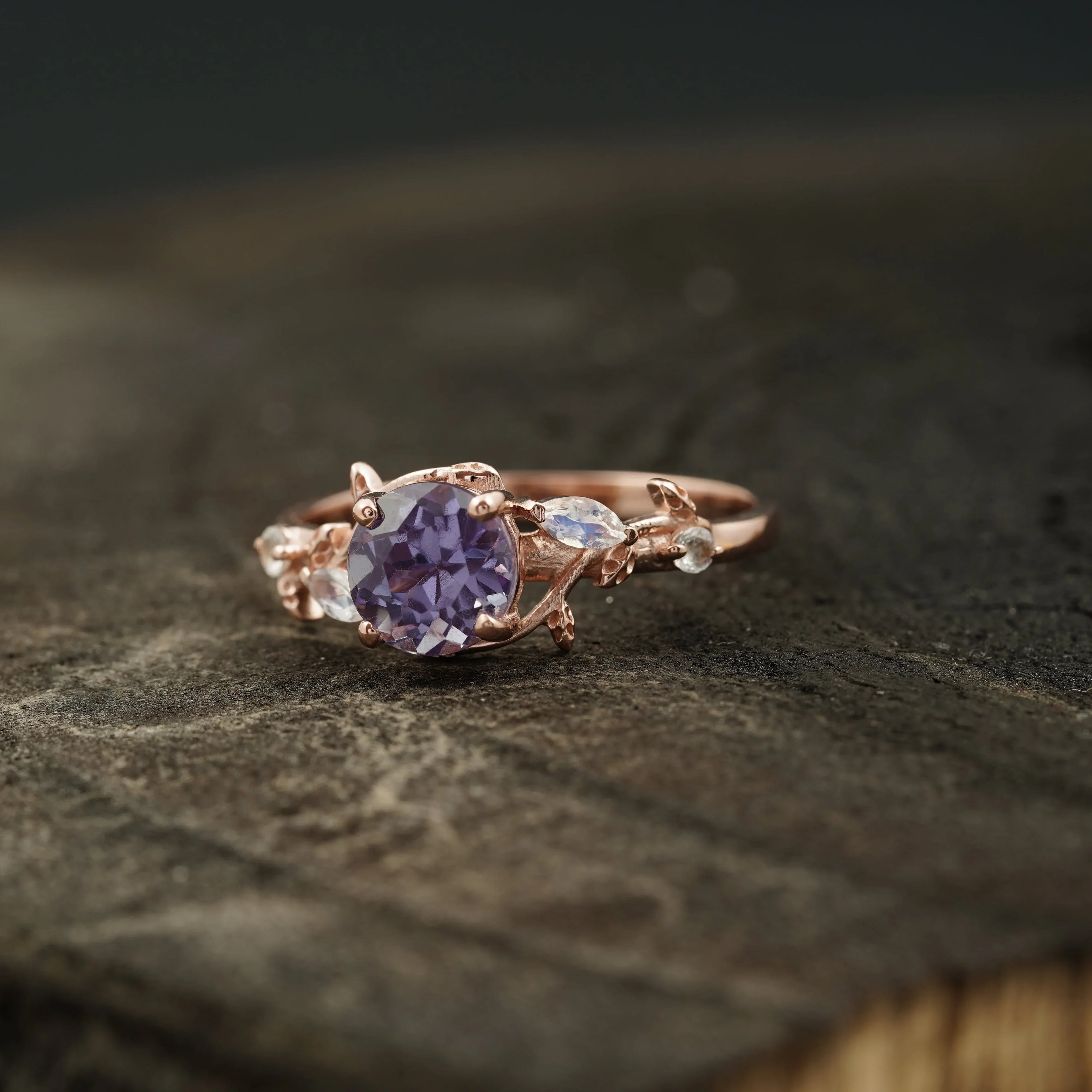 Round Alexandrite & Moonstone Inspired Leaf Design Engagement Ring - MinimalistJewels