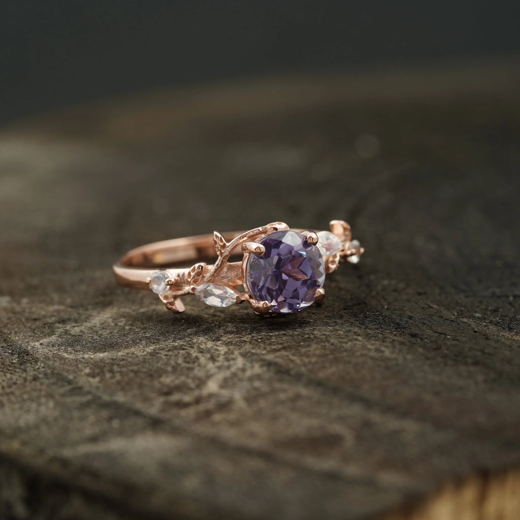 Round Alexandrite & Moonstone Inspired Leaf Design Engagement Ring - MinimalistJewels