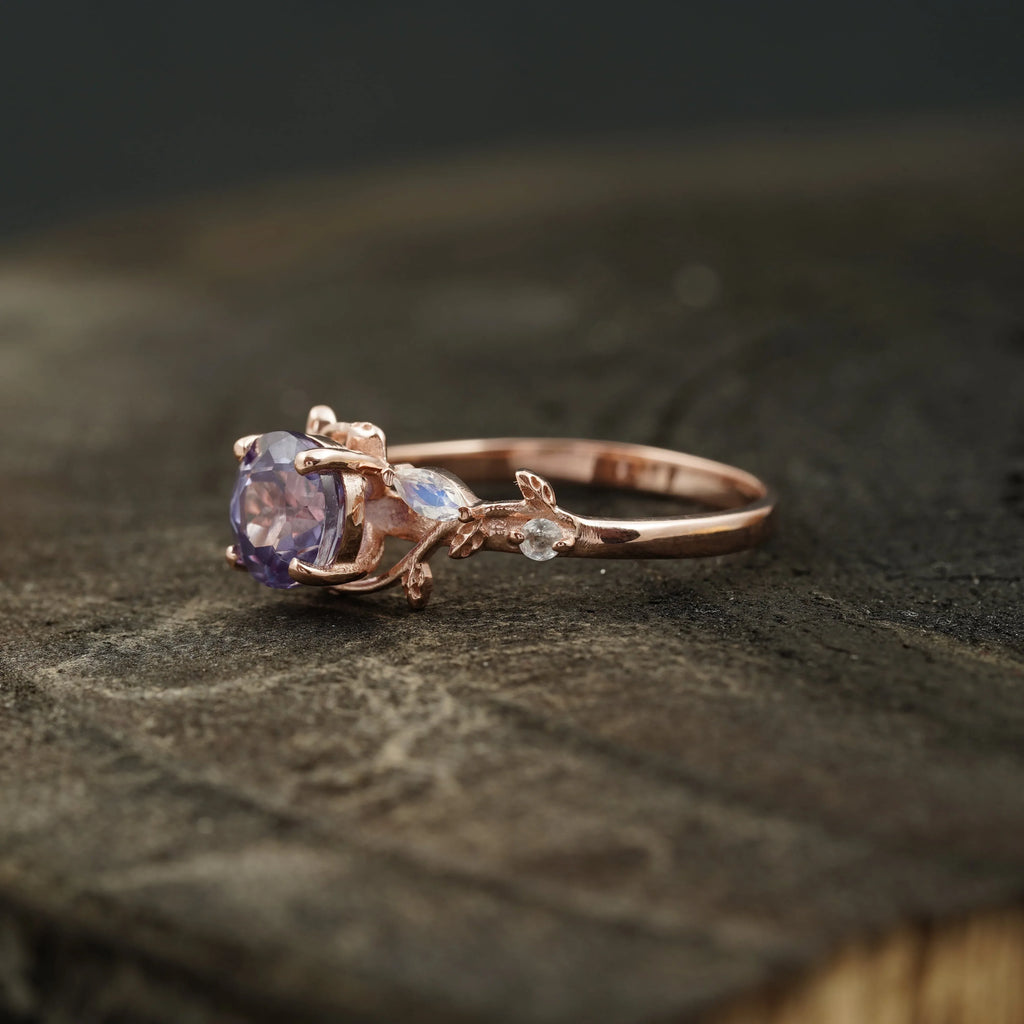 Round Alexandrite & Moonstone Inspired Leaf Design Engagement Ring - MinimalistJewels