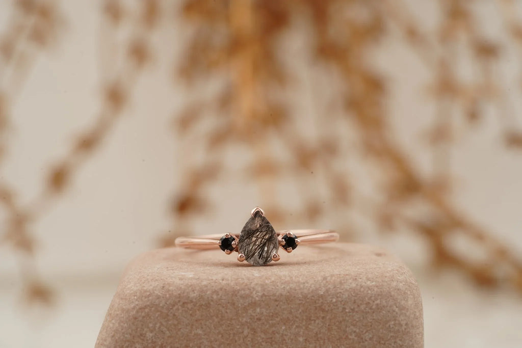 Black Rutilated Quartz Pear Three Stone Ring - MinimalistJewels