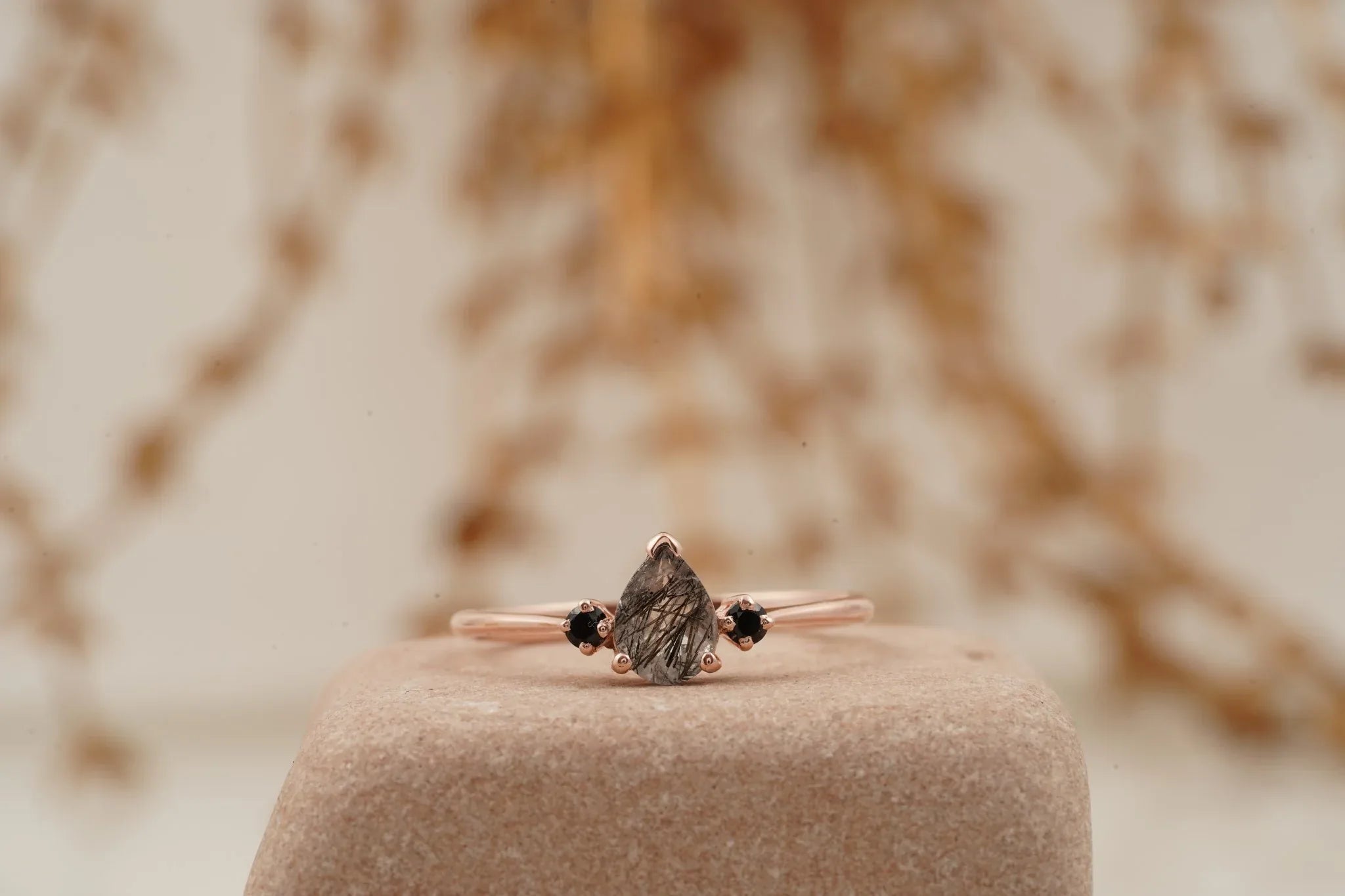 Black Rutilated Quartz Pear Three Stone Ring - MinimalistJewels