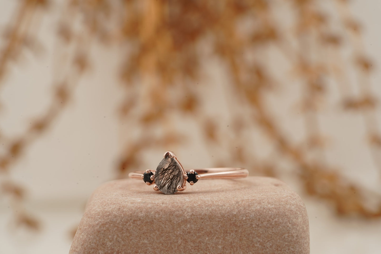 Pear Black Rutilated Quartz Engagement Ring Three Stone Ring