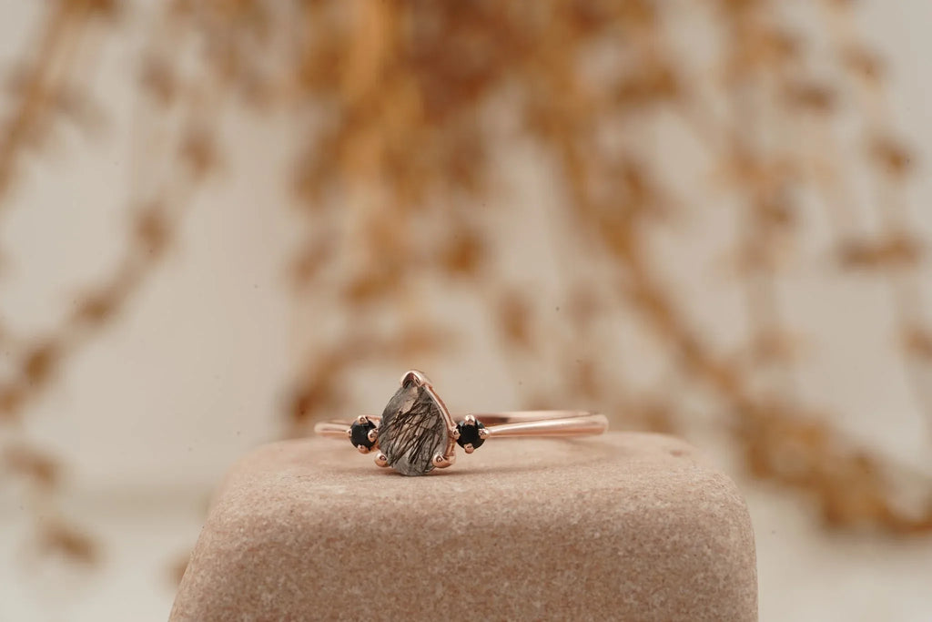 Black Rutilated Quartz Pear Three Stone Ring - MinimalistJewels