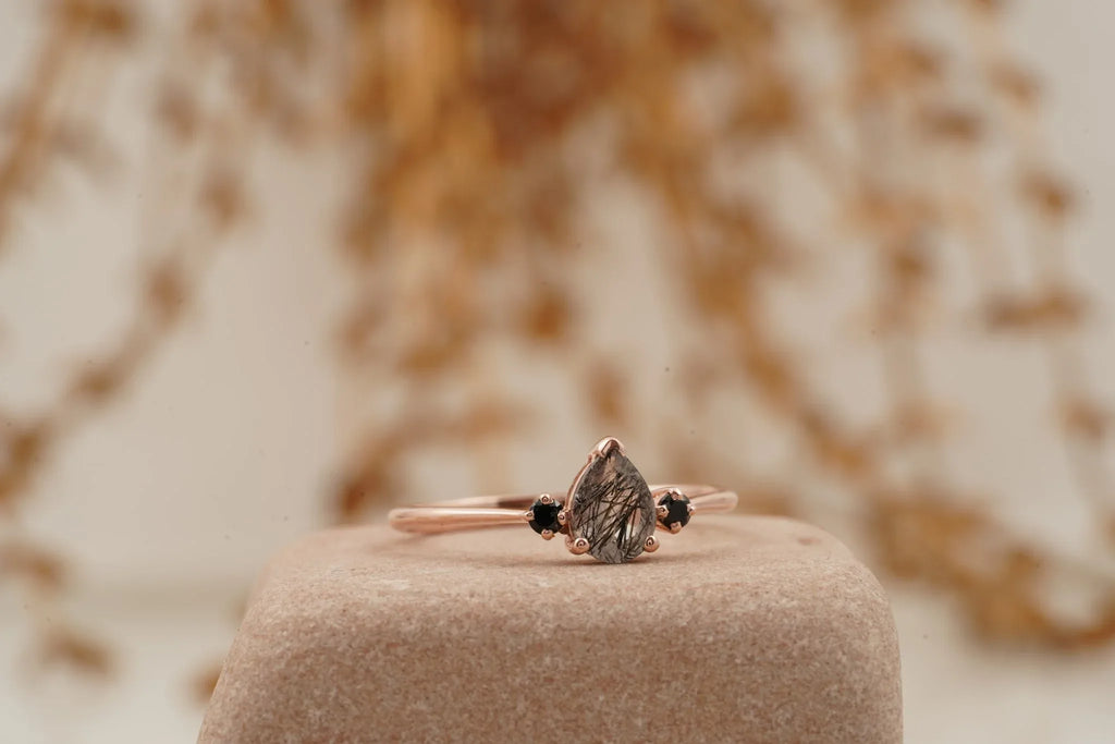 Black Rutilated Quartz Pear Three Stone Ring - MinimalistJewels