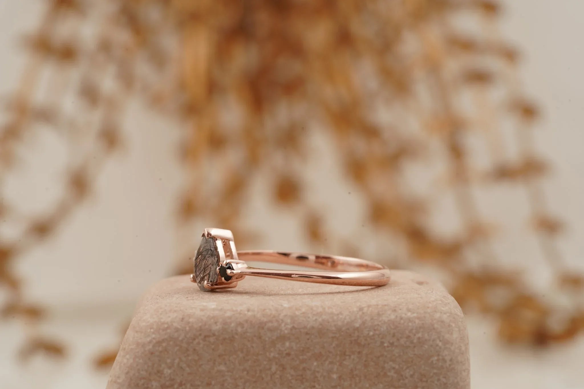 Black Rutilated Quartz Pear Three Stone Ring - MinimalistJewels