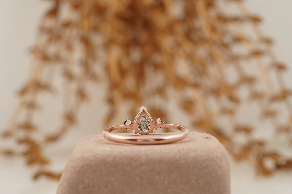 Black Rutilated Quartz Pear Three Stone Ring - MinimalistJewels