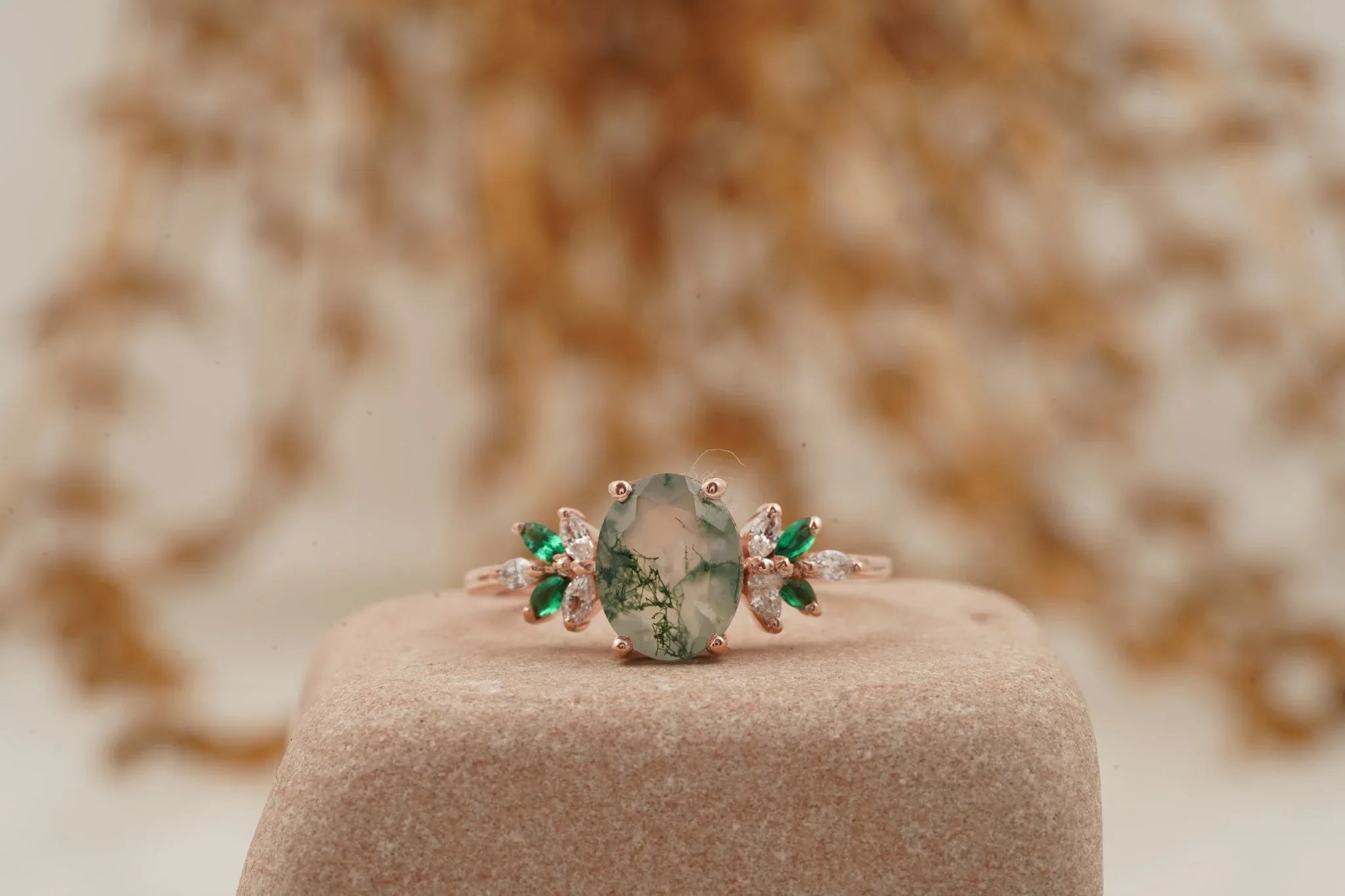 Oval Moss Agate Marquise Emerald And CZ Engagement Ring - MinimalistJewels
