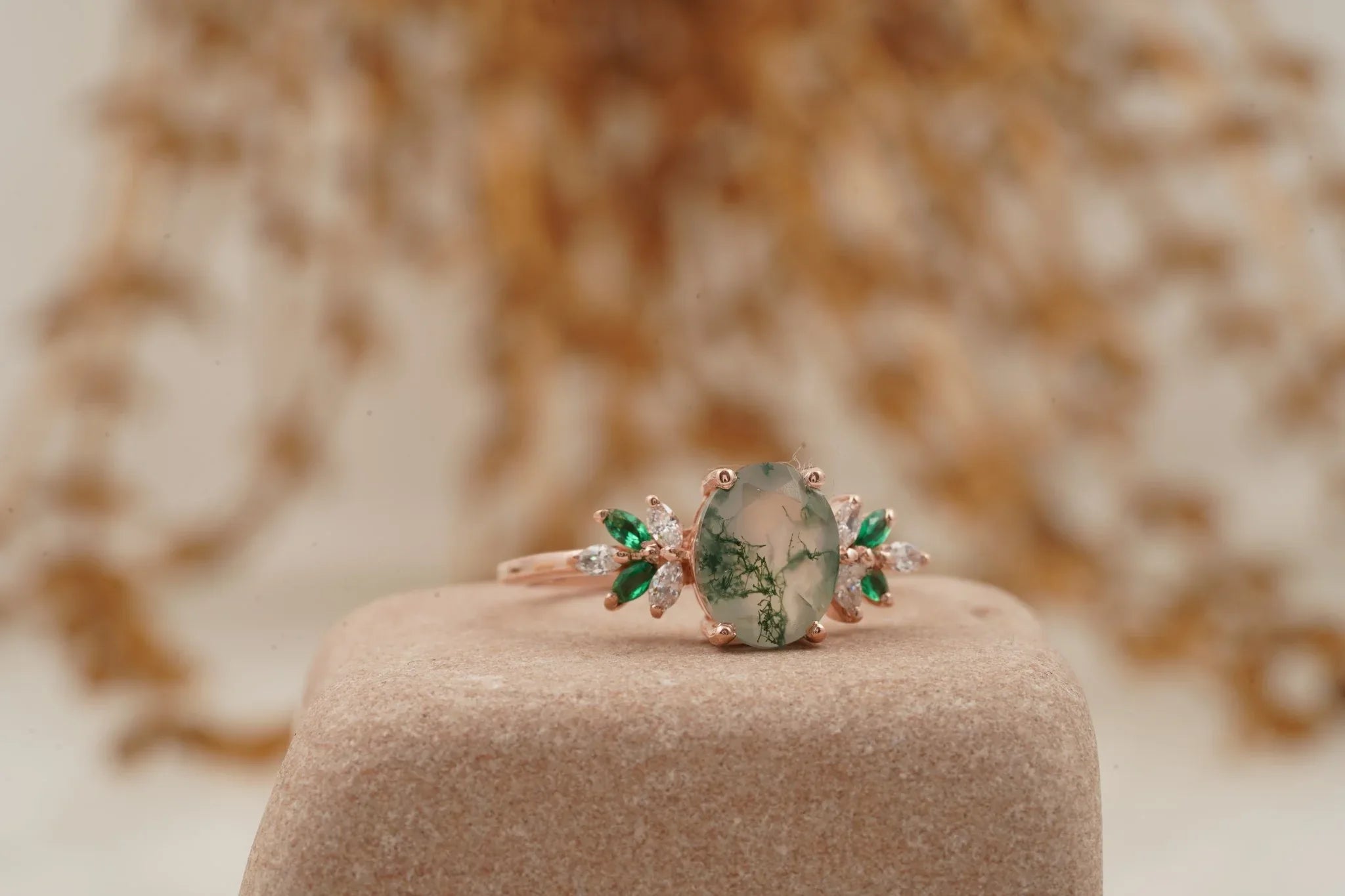 Oval Moss Agate Marquise Emerald And CZ Engagement Ring - MinimalistJewels