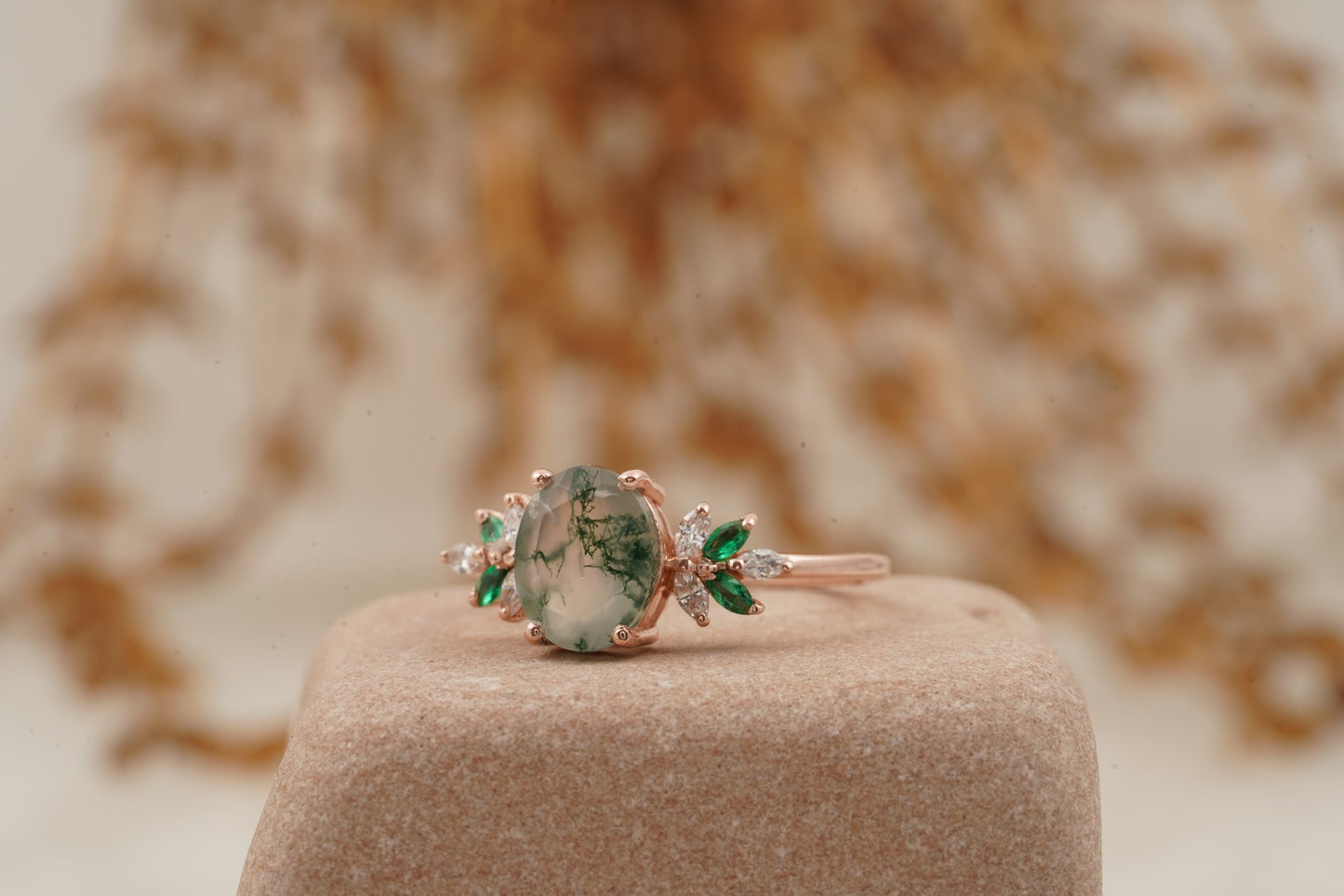 Oval Moss Agate Marquise Emerald And CZ Engagement Ring