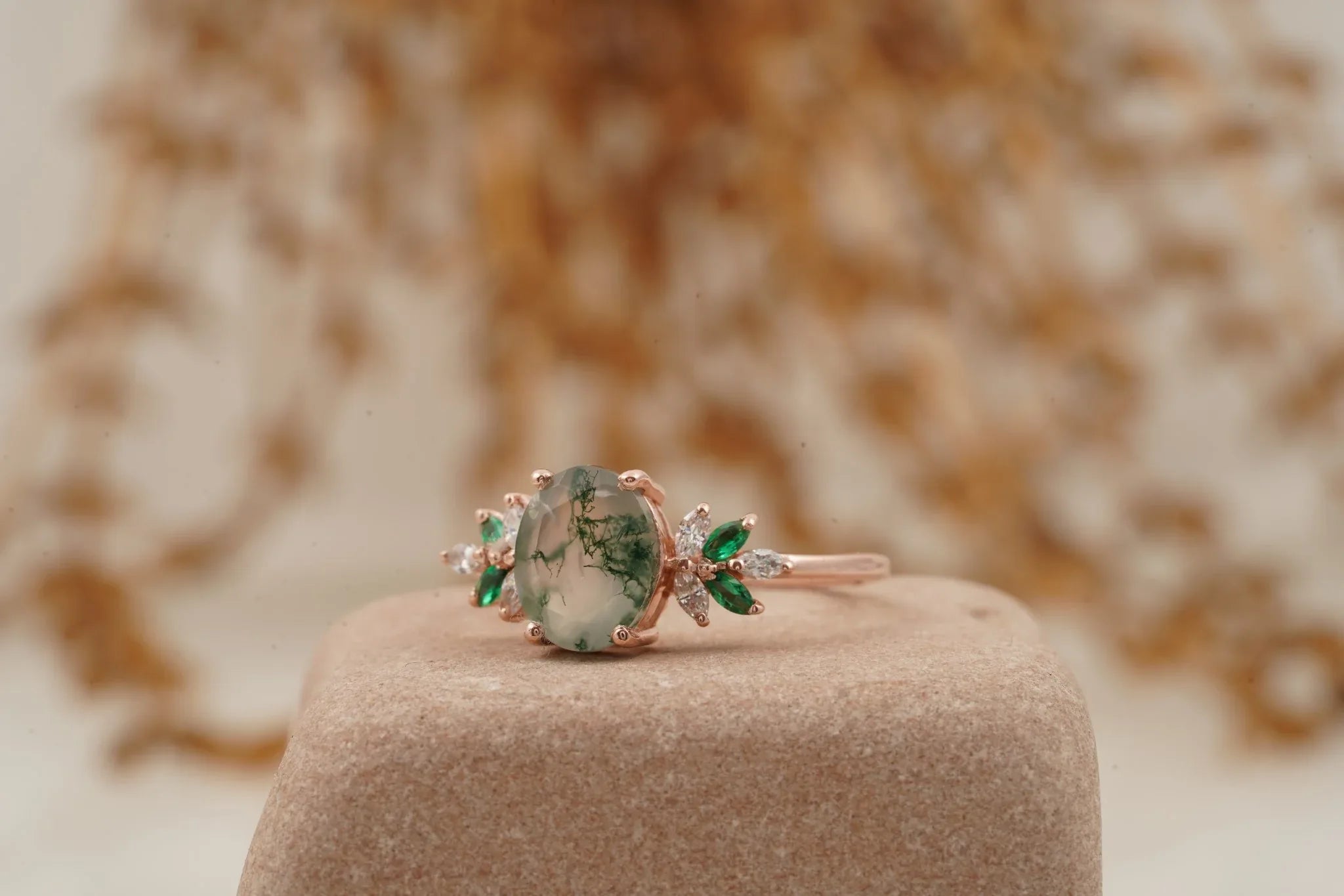 Oval Moss Agate Marquise Emerald And CZ Engagement Ring - MinimalistJewels