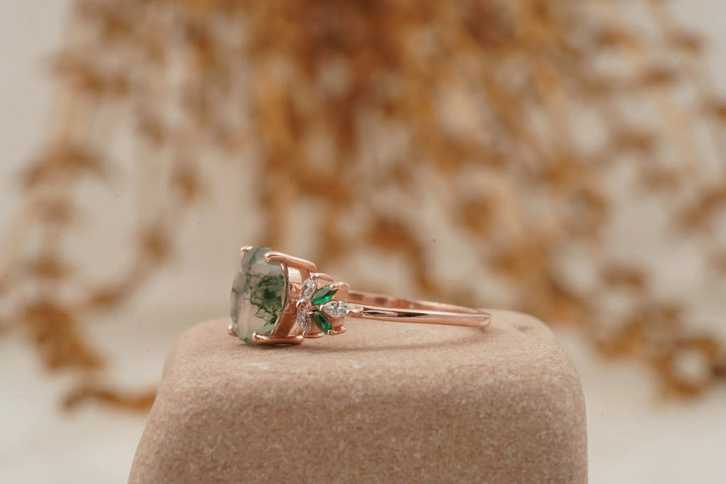 Oval Moss Agate Marquise Emerald And CZ Engagement Ring - MinimalistJewels