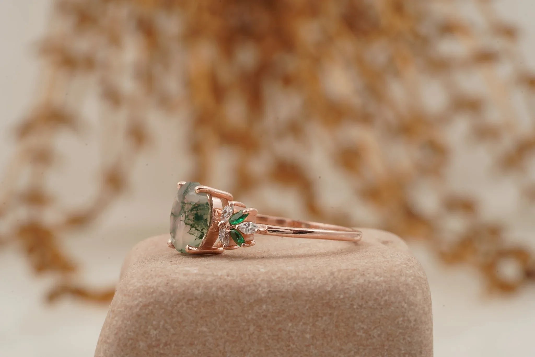 Oval Moss Agate Marquise Emerald And CZ Engagement Ring - MinimalistJewels