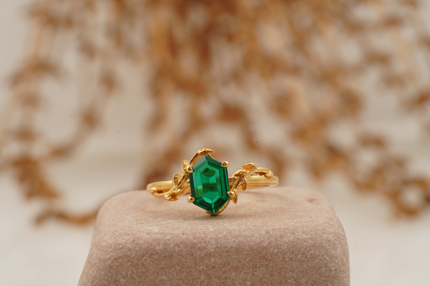 Long Hexagon Cut Emerald Engagement Ring Solid Gold