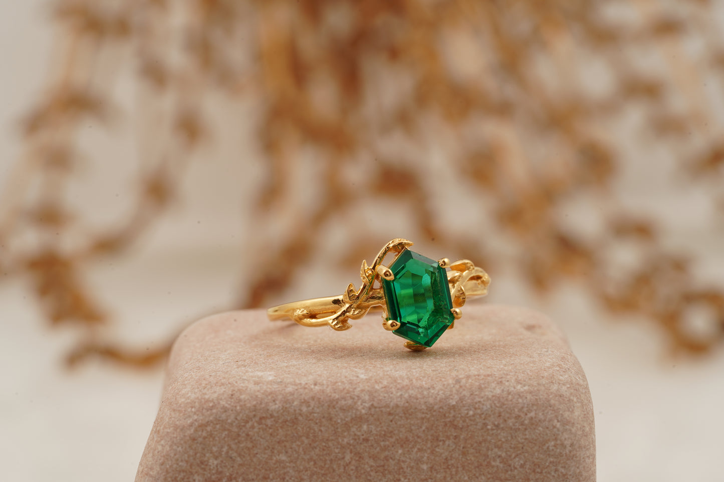 Long Hexagon Cut Emerald Engagement Ring Solid Gold