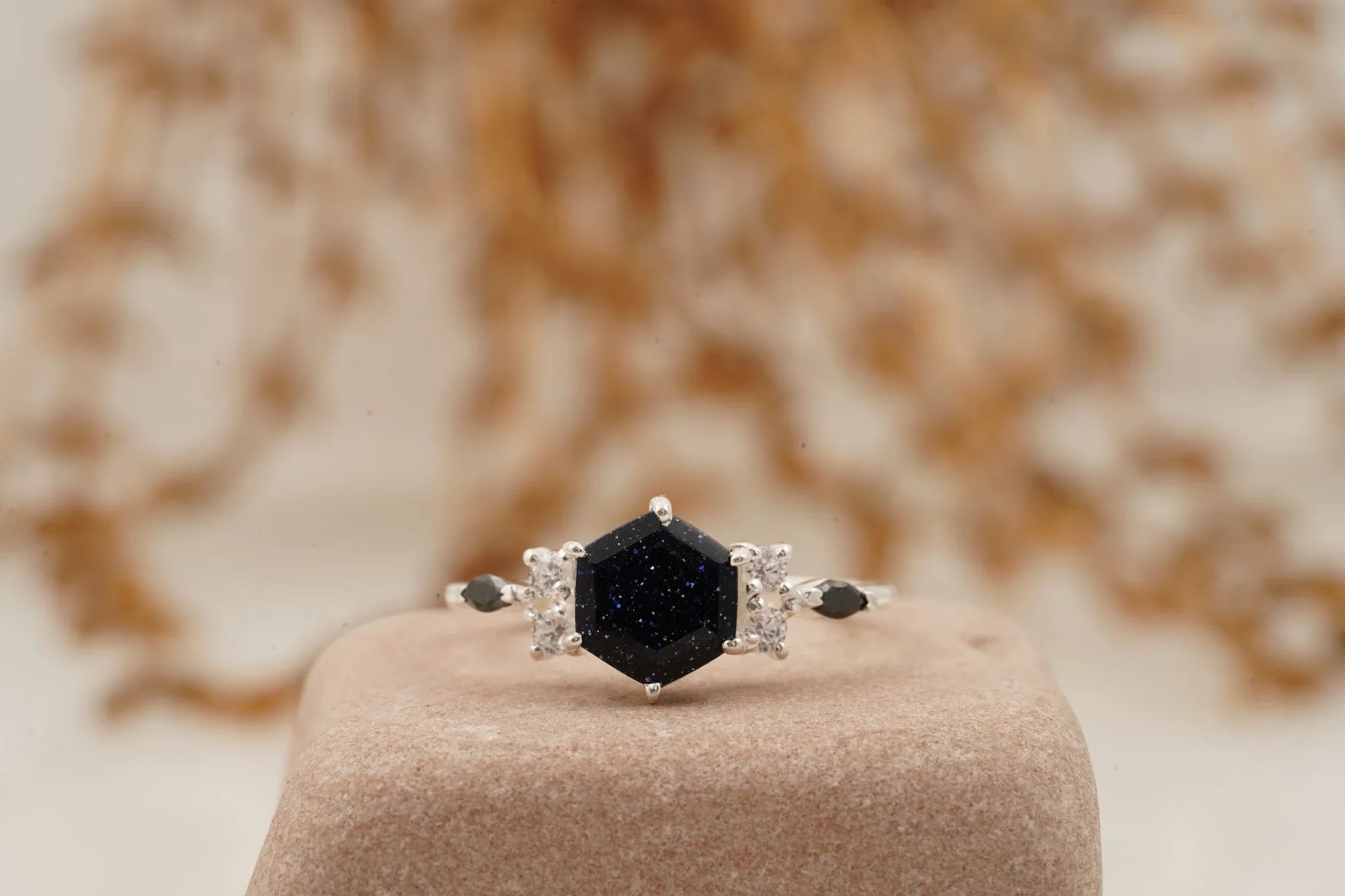 Hexagon Galaxy Blue Sandstone Engagement Ring - MinimalistJewels