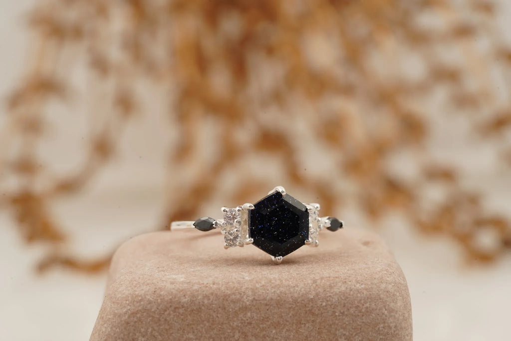Hexagon Galaxy Blue Sandstone Engagement Ring - MinimalistJewels