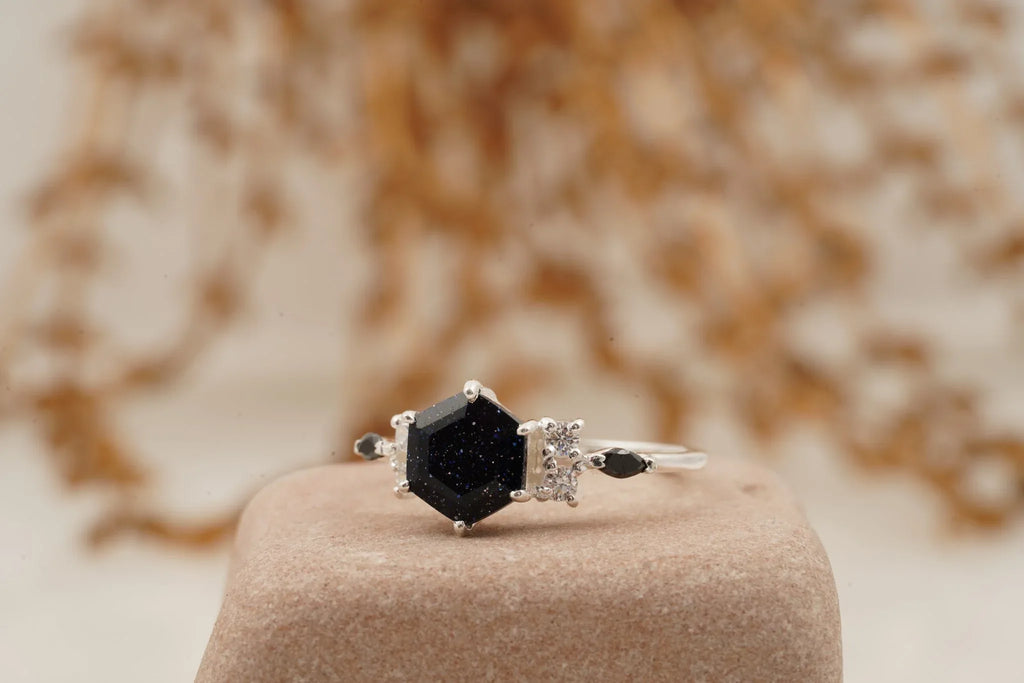 Hexagon Galaxy Blue Sandstone Engagement Ring - MinimalistJewels