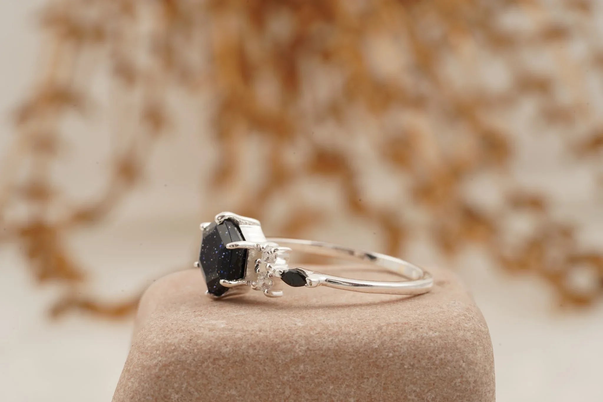Hexagon Galaxy Blue Sandstone Engagement Ring - MinimalistJewels