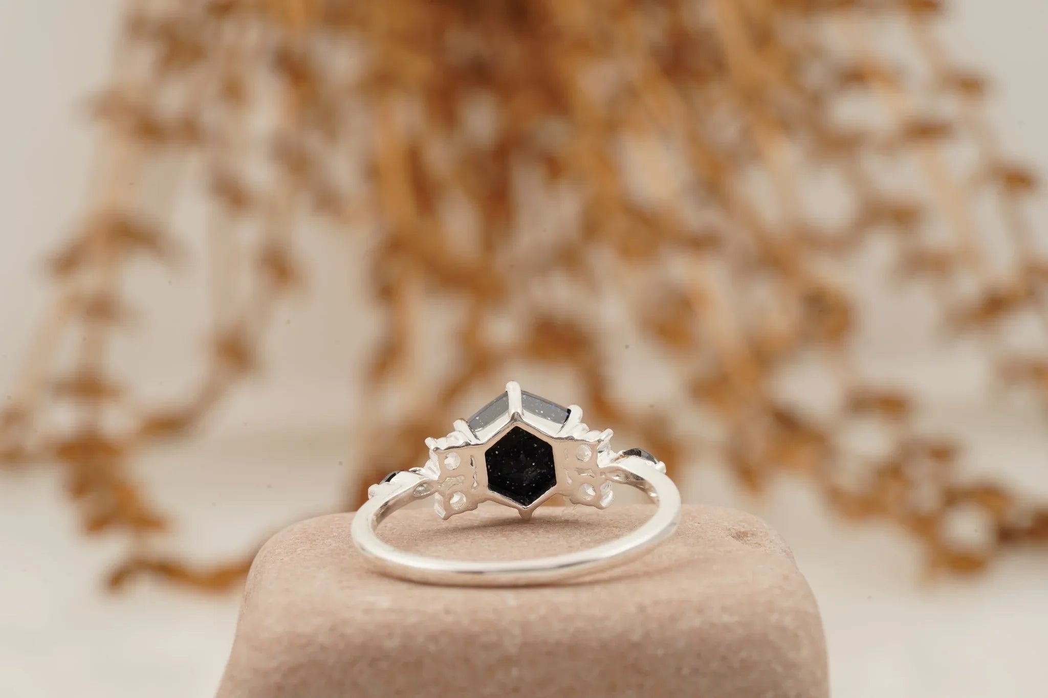 Hexagon Galaxy Blue Sandstone Engagement Ring - MinimalistJewels