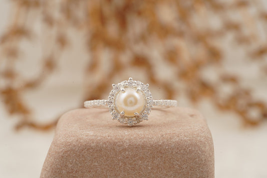 Natural freshwater Pearl Ring Pearl and Diamond Ring 925 Sterling Silver