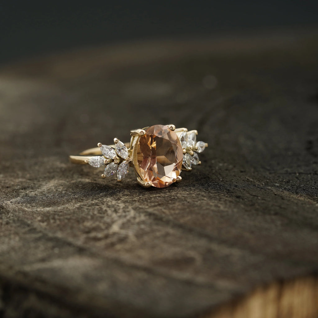 Oval Morganite Gemstone CZ Cluster Engagement Ring - MinimalistJewels