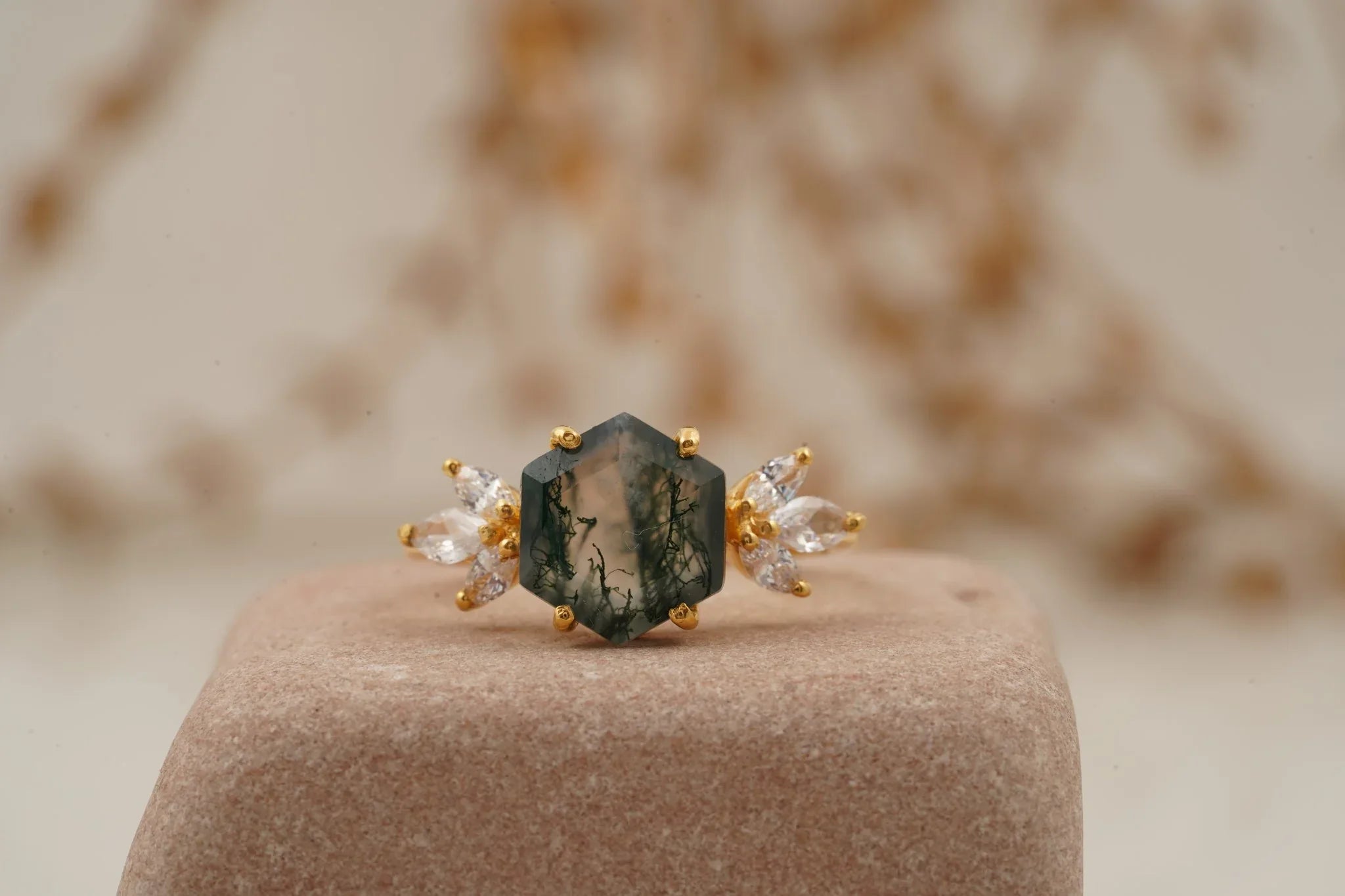 Hexagon Cut Moss Agate Marquise CZ Cluster Engagement Ring - MinimalistJewels