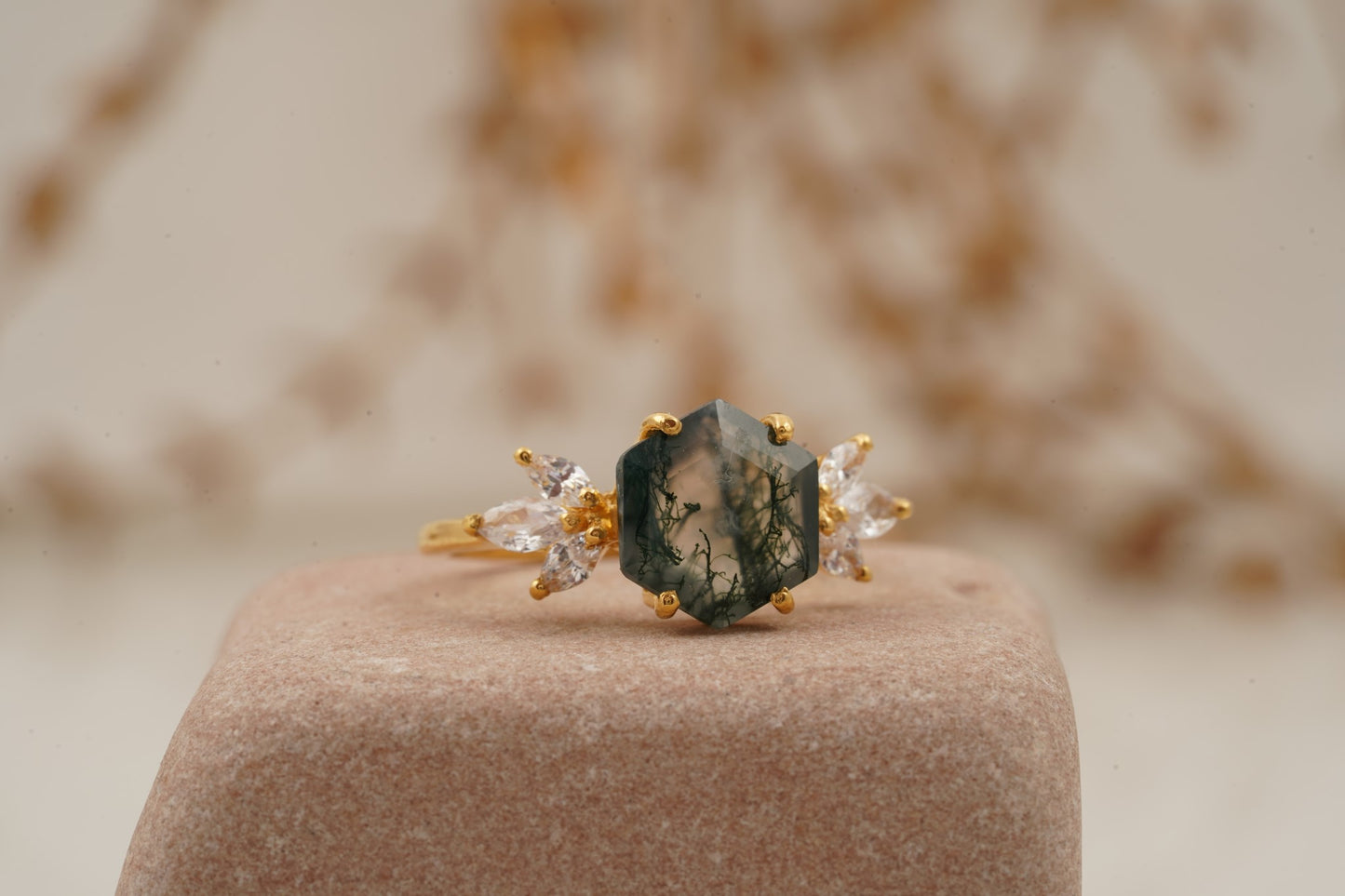 Hexagon Cut Moss Agate Marquise CZ Cluster Engagement Ring
