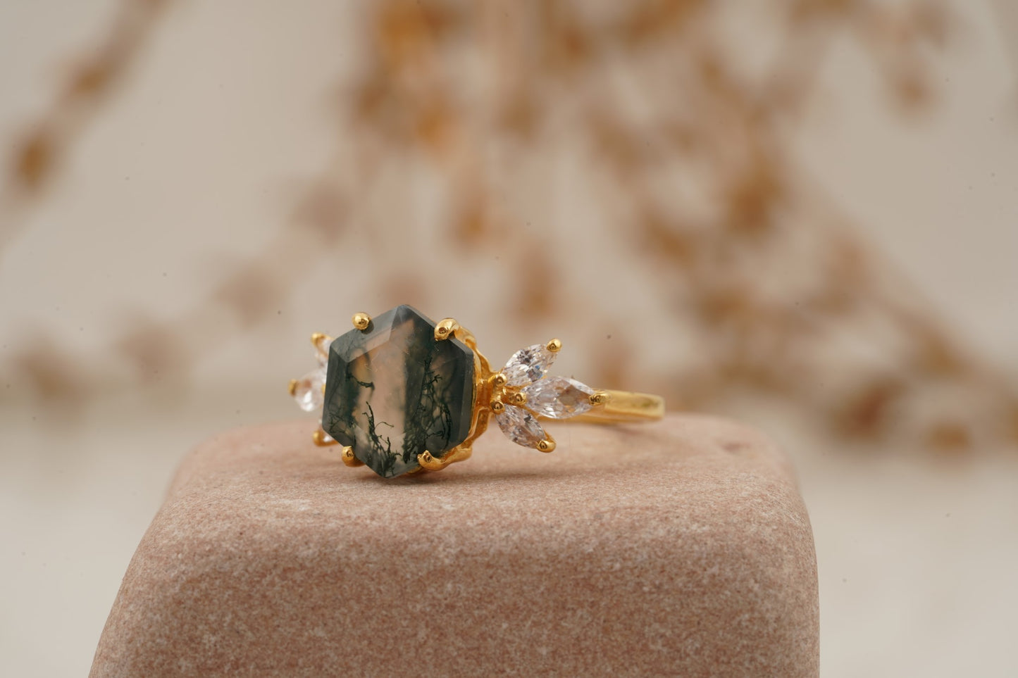 Hexagon Cut Moss Agate Marquise CZ Cluster Engagement Ring