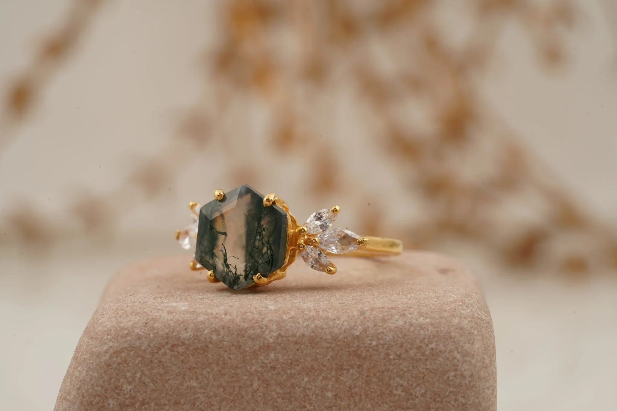 Hexagon Cut Moss Agate Marquise CZ Cluster Engagement Ring - MinimalistJewels