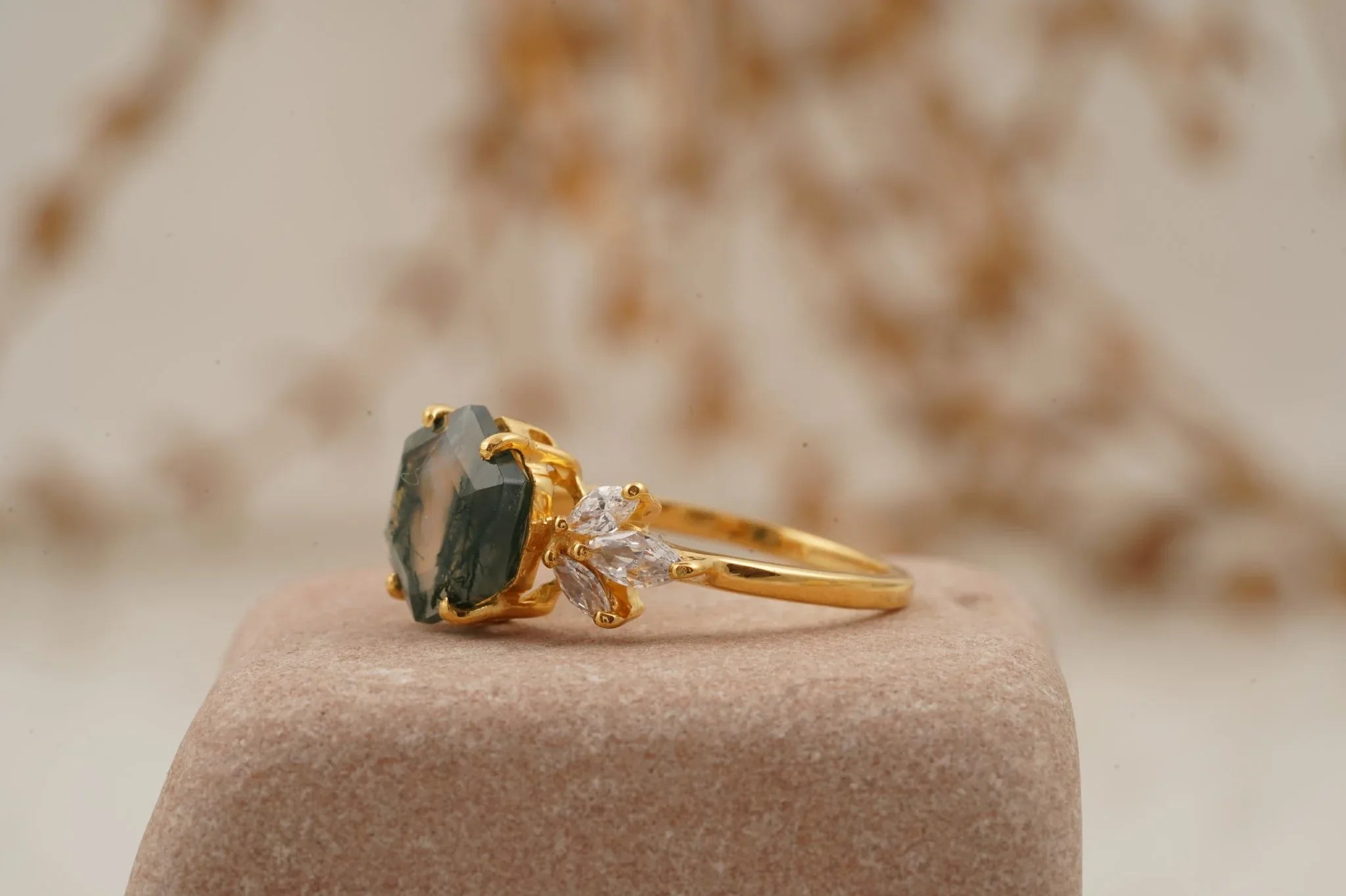 Hexagon Cut Moss Agate Marquise CZ Cluster Engagement Ring - MinimalistJewels