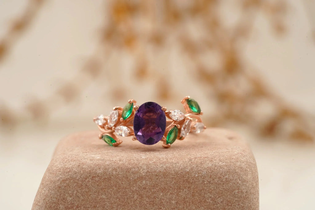 Oval Amethyst & Emerald CZ Cluster Engagement Ring - MinimalistJewels