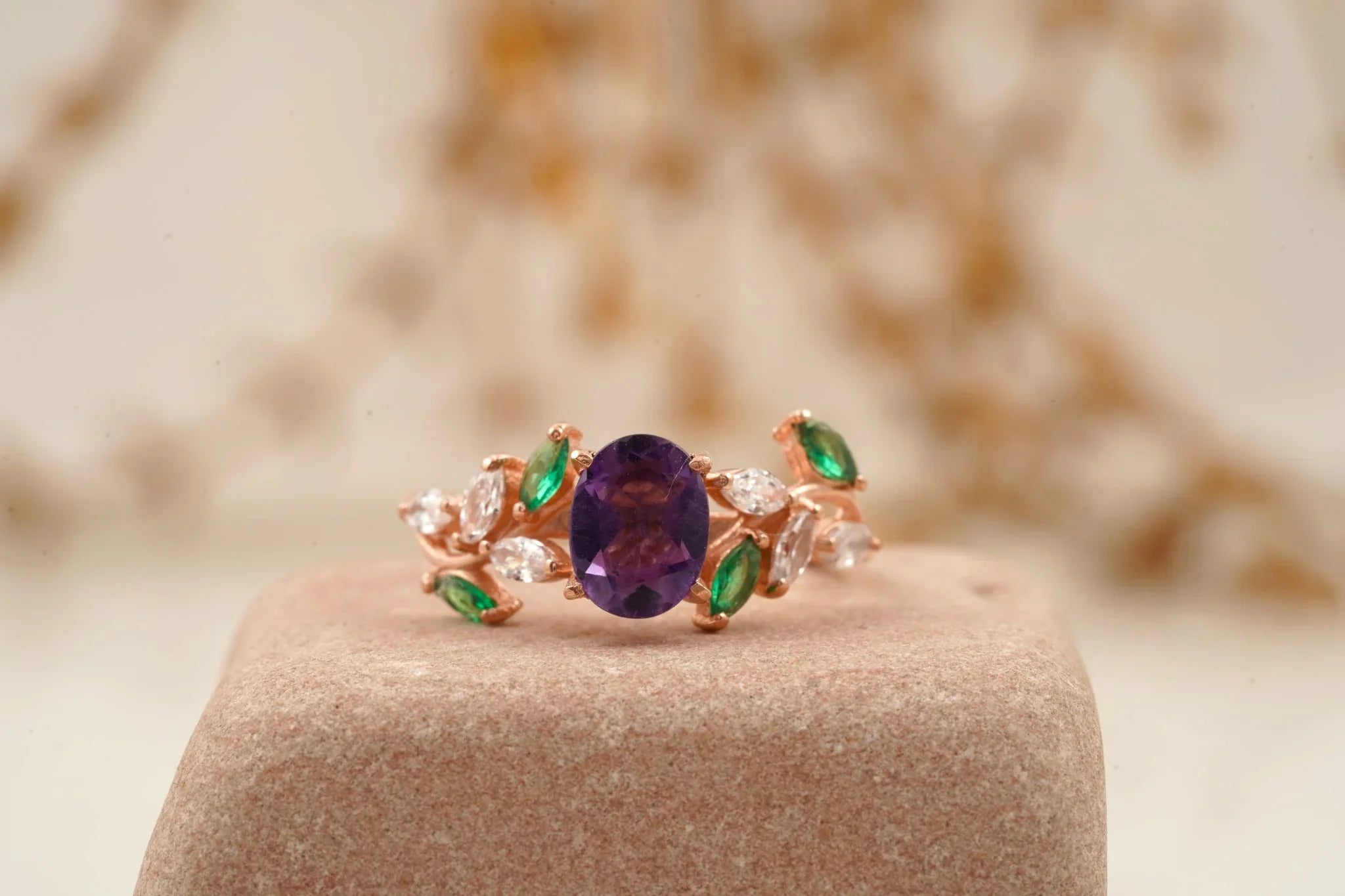 Oval Amethyst & Emerald CZ Cluster Engagement Ring - MinimalistJewels