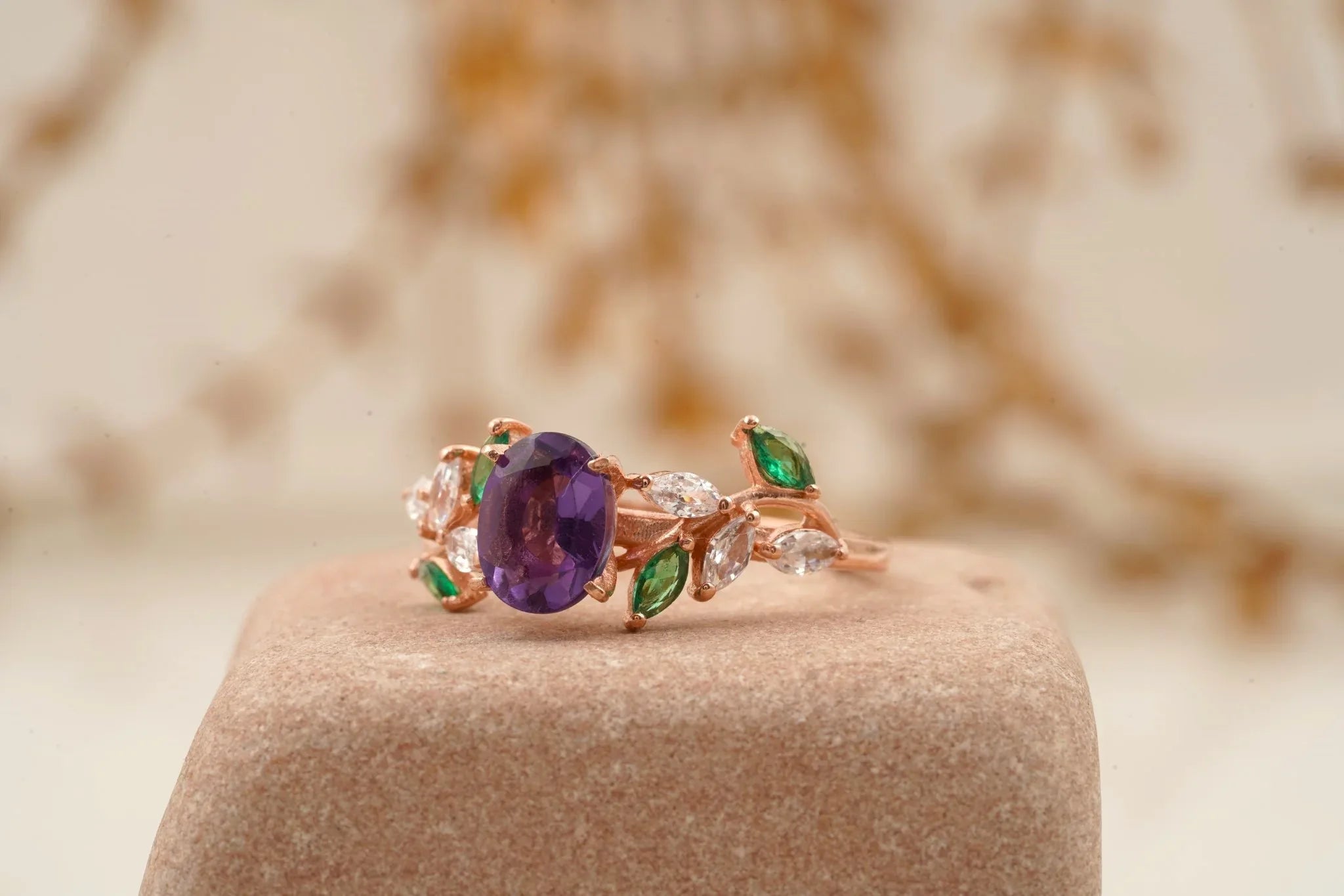 Oval Amethyst & Emerald CZ Cluster Engagement Ring - MinimalistJewels
