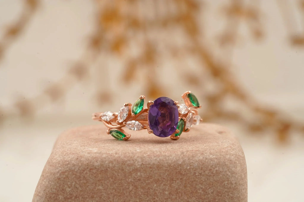 Oval Amethyst & Emerald CZ Cluster Engagement Ring - MinimalistJewels